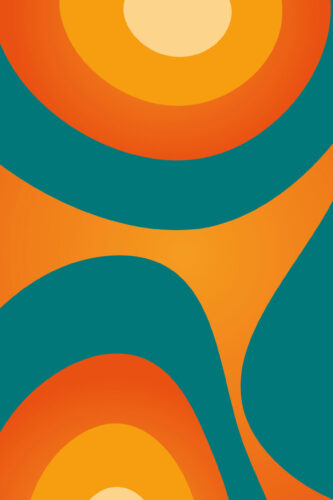 Groovy Circle Waves non-pasted wallpaper mural with bold orange and teal arcs and concentric circles for full-wall abstract coverage.