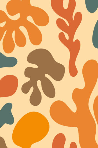 Retro Abstract Color Splash peel and stick wallpaper mural with bold orange, brown, and teal organic shapes on a pale cream background.