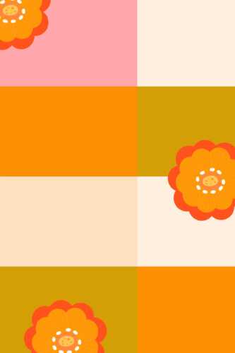Checkered Flower Grid in a bold traditional wallpaper mural of oversized orange blooms on pink, cream, and mustard checkerboard squares.