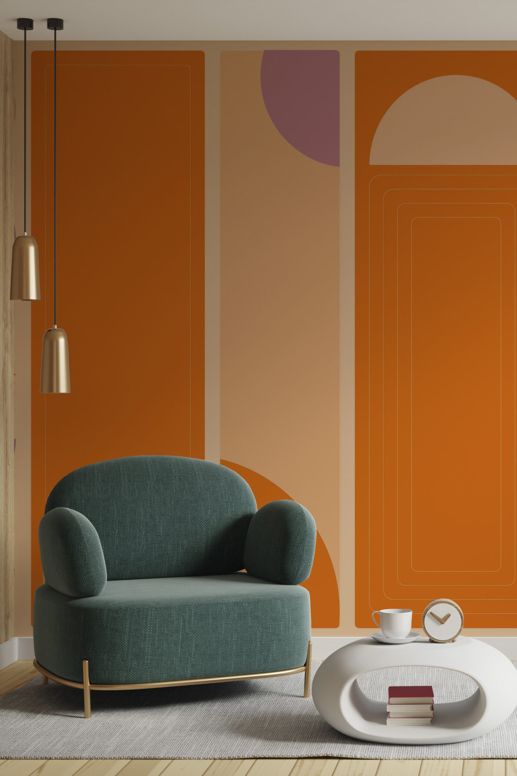 Burnt Orange Geometric Columns covers the full wall as a wall mural with layered arches and column blocks in orange and beige.