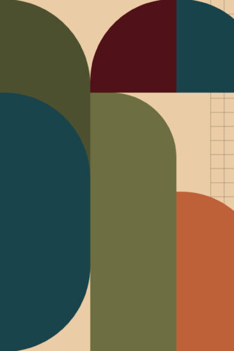 Retro Geometric Arches features a full-wall wallpaper mural of overlapping arches in teal, olive, burgundy, and orange against a beige background.