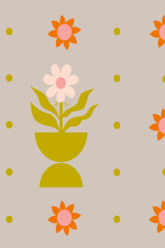 Playful Floral Pots non-pasted wallpaper mural with bold potted flower shapes, orange blooms, and green dots on a taupe background.