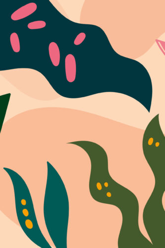 Retro Tropical Leaves pre-pasted wallpaper mural with abstract green fronds and pink shapes on a peach background, filling the full wall.