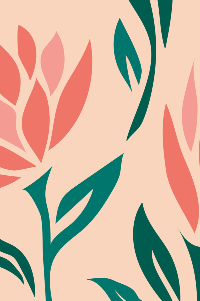 Peach Botanical Silhouettes pre-pasted wall mural with coral and pink leaf shapes and deep green fronds on a soft peach background.
