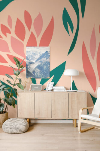 Peach Botanical Silhouettes spans the full wall as a wall mural with coral leaf shapes on a peach background.