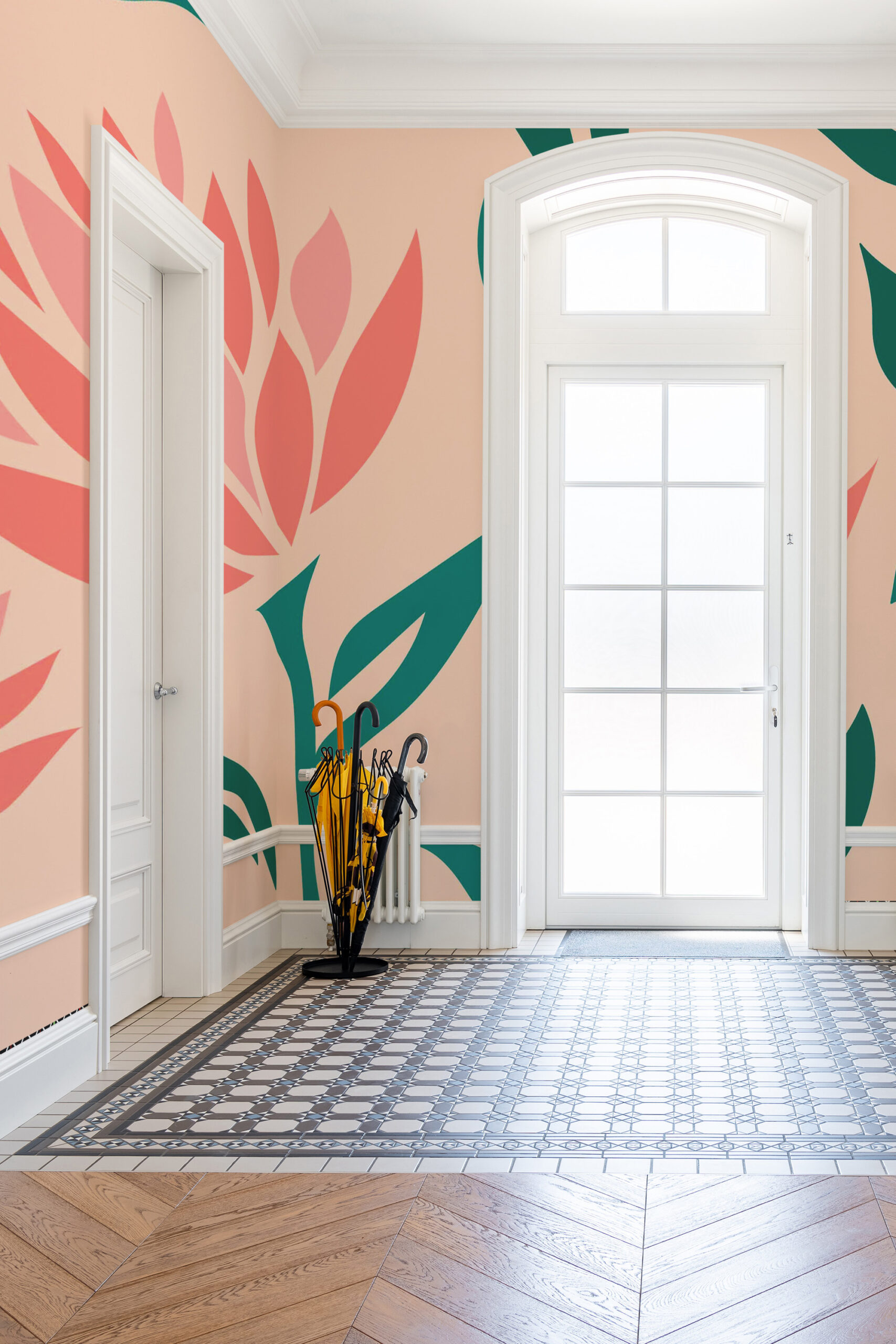 Peach Botanical Silhouettes non-pasted wall mural wraps a bright entryway with oversized coral and green leaf shapes on peach walls.