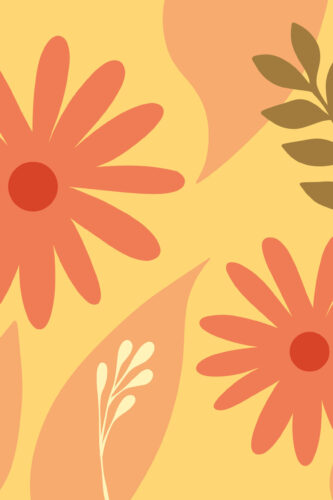 Retro Daisy Florals non-pasted wallpaper mural with oversized coral daisies and olive leaves on a warm yellow background filling the wall.
