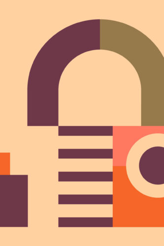 Retro Geometric Playroom pre-pasted wall mural with bold arch and circle shapes in burgundy, olive, coral, and orange on a beige backdrop.