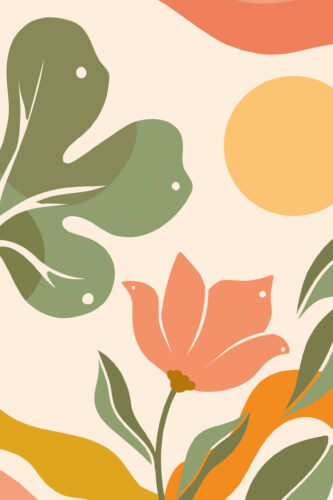 Retro Sunlit Garden Botanical non-pasted wallpaper mural with bold green leaves and coral flowers on a warm cream background.