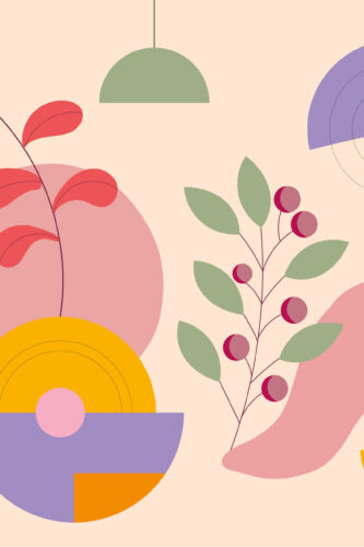 Abstract Botanical Sprigs custom peel and stick wall mural with stylized leaves and berry stems among pastel geometric shapes on a cream background.