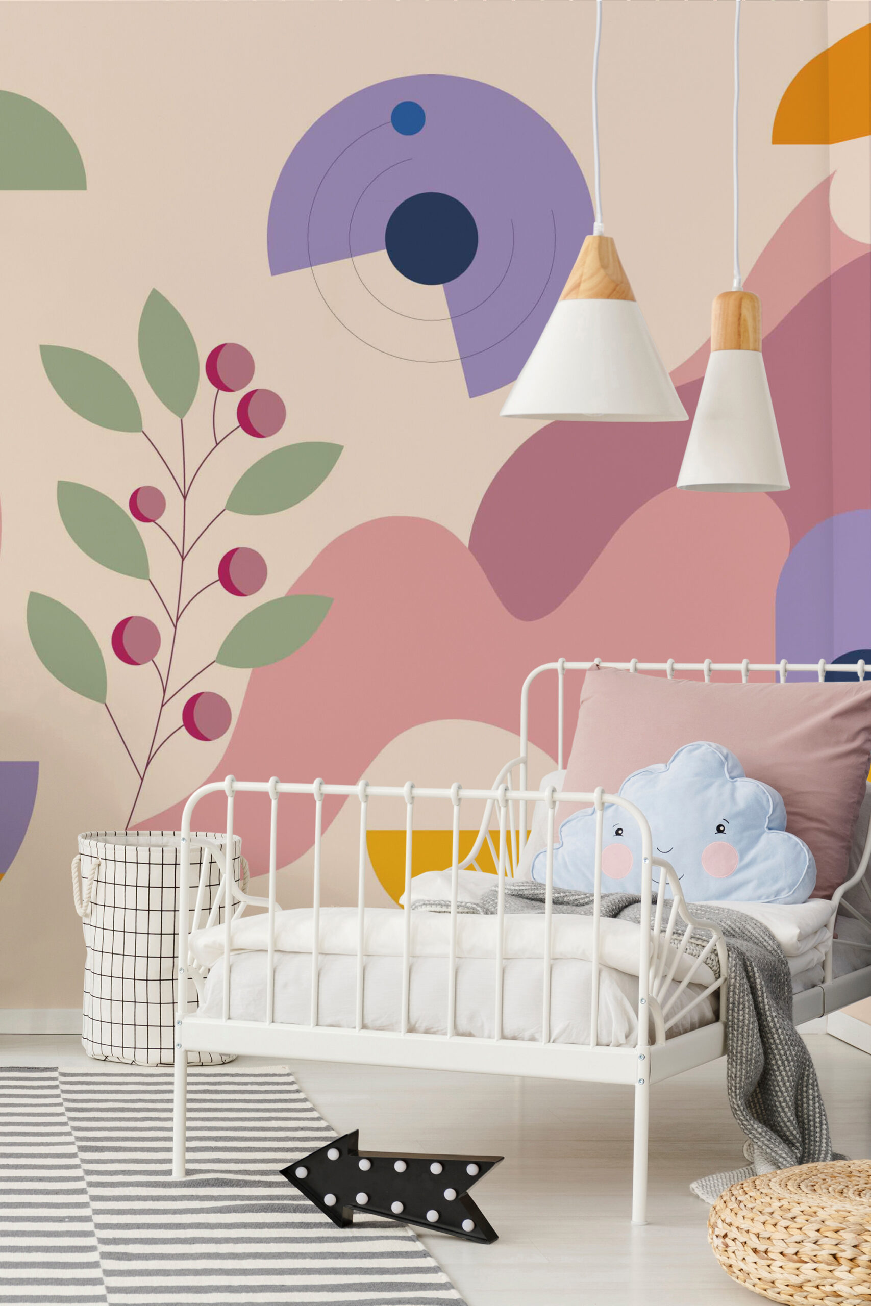 Abstract Botanical Sprigs self-adhesive wall mural with pastel geometric shapes and leafy sprigs across an accent wall in a nursery.