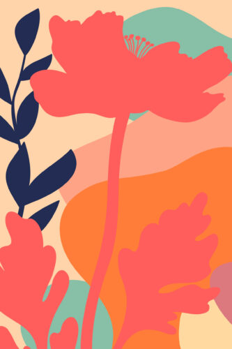 Peach Boho Floral pre-pasted wallpaper mural with oversized coral blooms, navy leaves, and abstract pastel shapes filling the full wall.