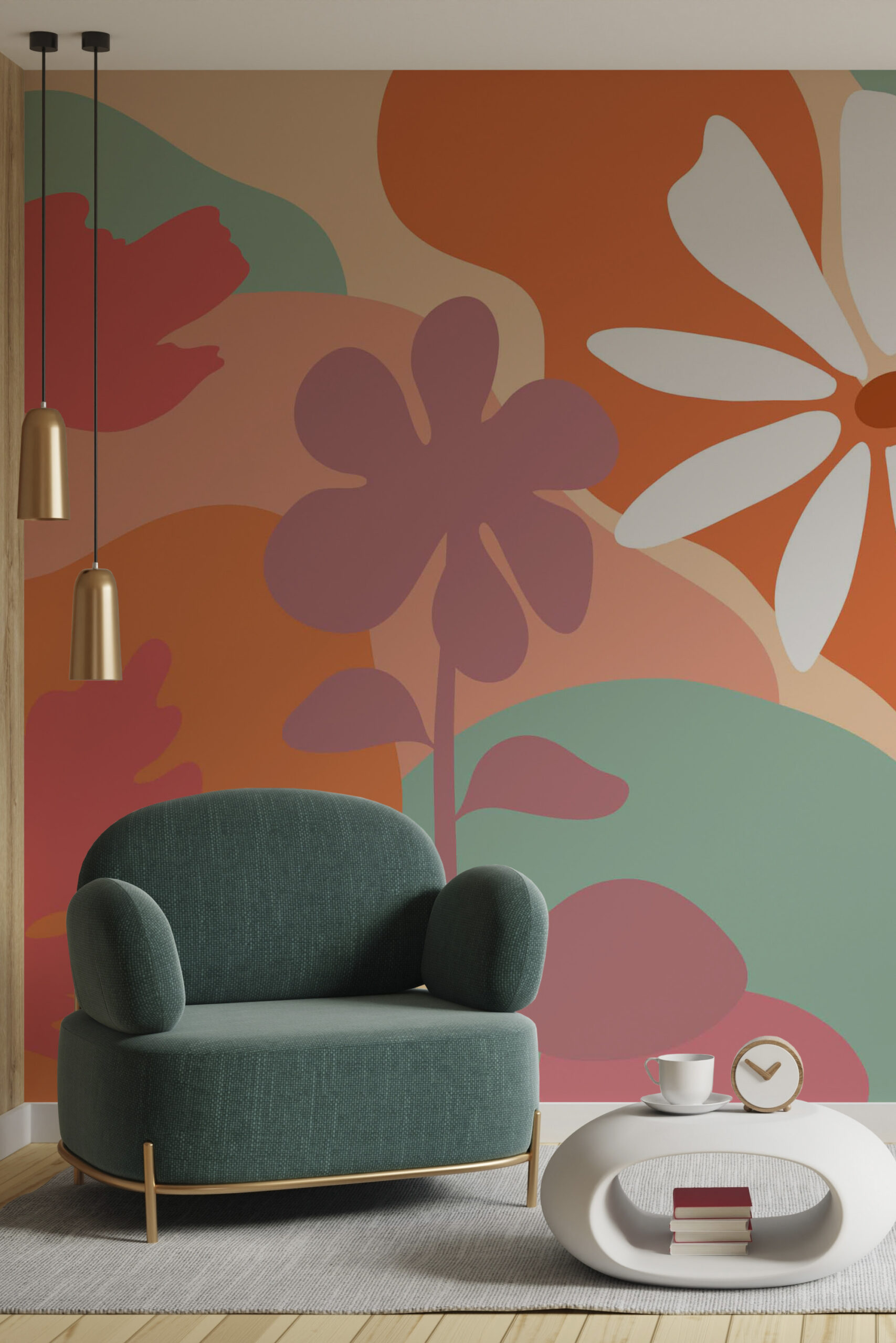 Peach Boho Floral covers an entire wall with a bold, non-pasted mural of abstract flowers in peach, orange, teal, and mauve tones.