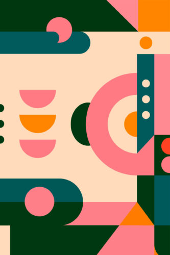 Retro Geometric Star pre-pasted wallpaper mural with bold abstract shapes in teal, pink, orange, and cream across a full wall.