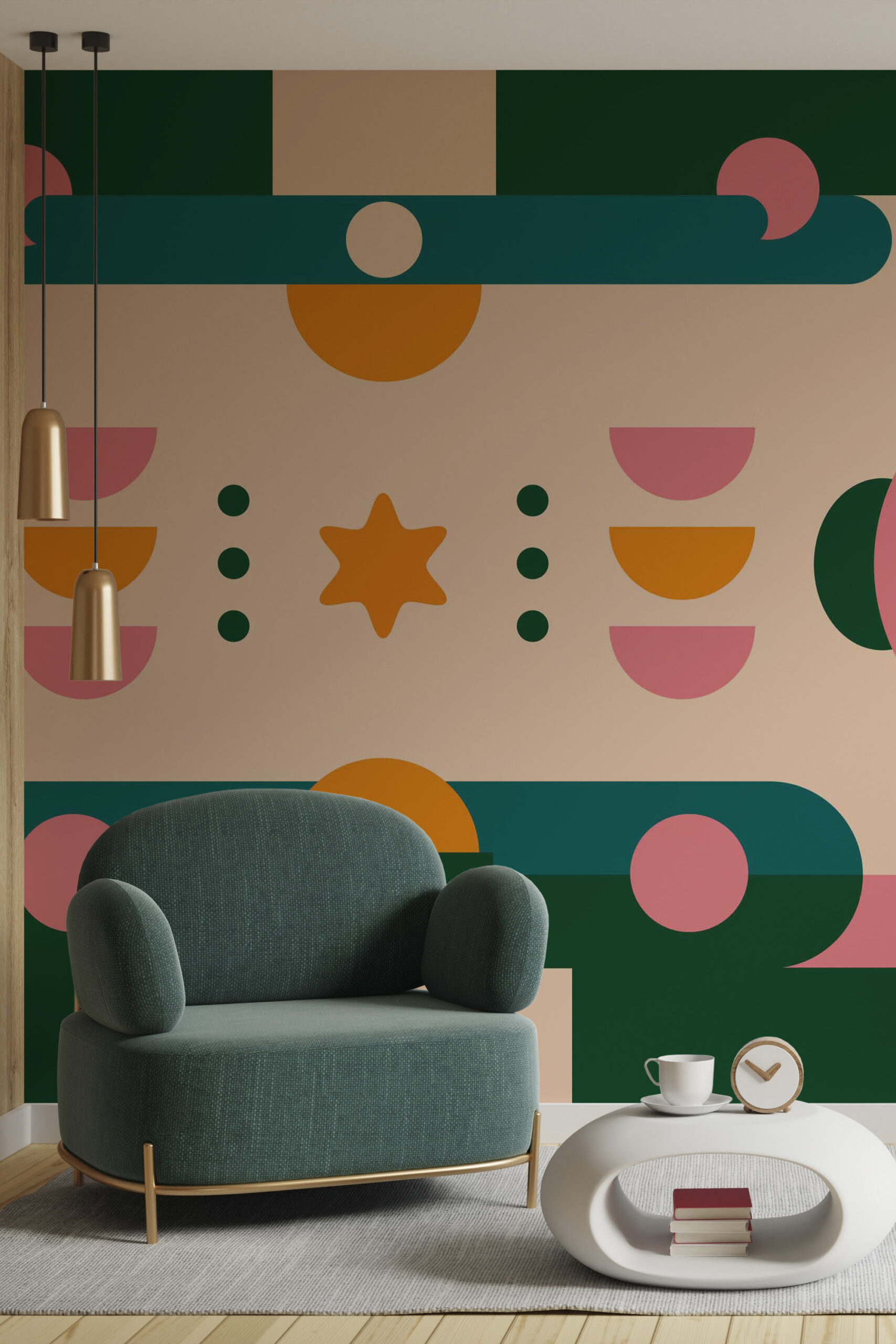 Retro Geometric Star self-adhesive wall mural spans the living room wall with bold green bands, pink semicircles, and a central orange star.