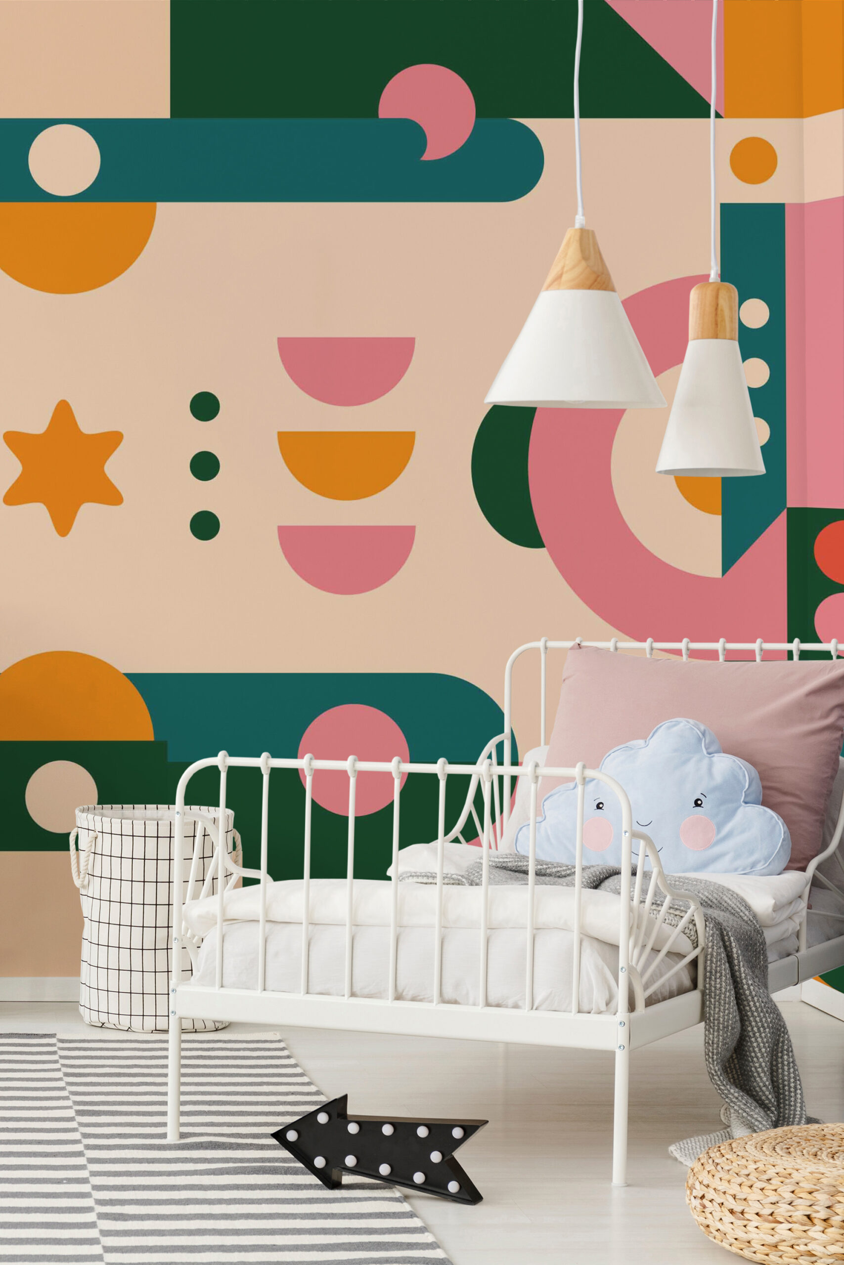 Retro Geometric Star traditional wall mural covering a nursery accent wall with bold abstract shapes in pink, teal, cream, and orange.