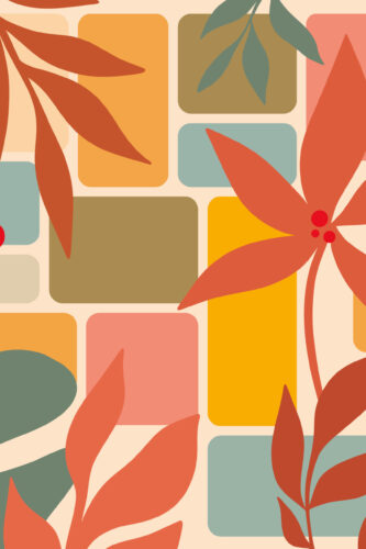 Retro Botanical Leaf Collage peel and stick wallpaper mural with bold orange leaves over rounded blocks in teal, tan, pink, and mustard.