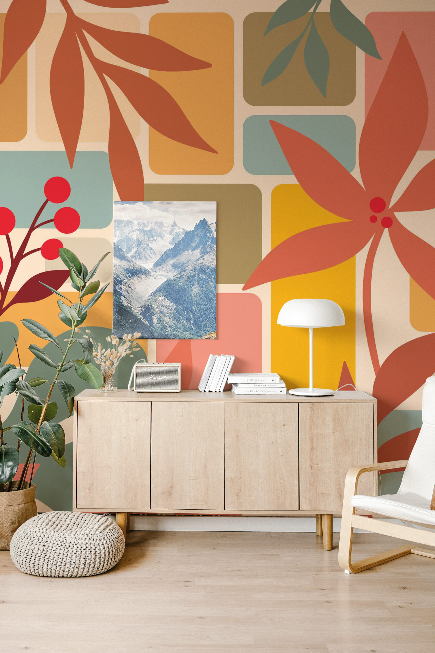 Retro Botanical Leaf Collage covers an entire wall as a pre-pasted mural, featuring oversized leaves and rounded color blocks in warm retro tones.