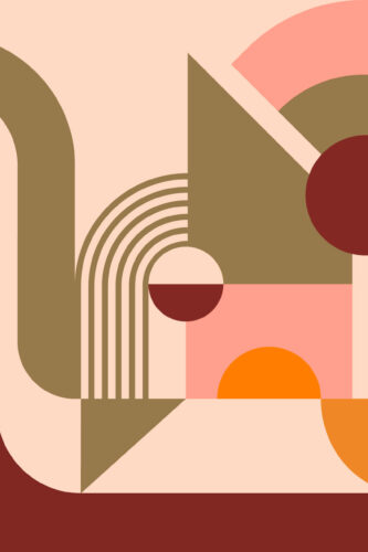 Retro Arches and Circles peel and stick wallpaper mural with overlapping arches and circles in blush, olive, rust, and orange blocks.