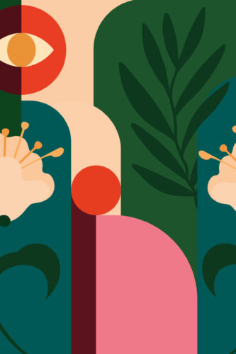 Retro Floral Garden pre-pasted wallpaper mural with bold abstract flowers and leafy shapes in teal, green, coral, and peach blocks.