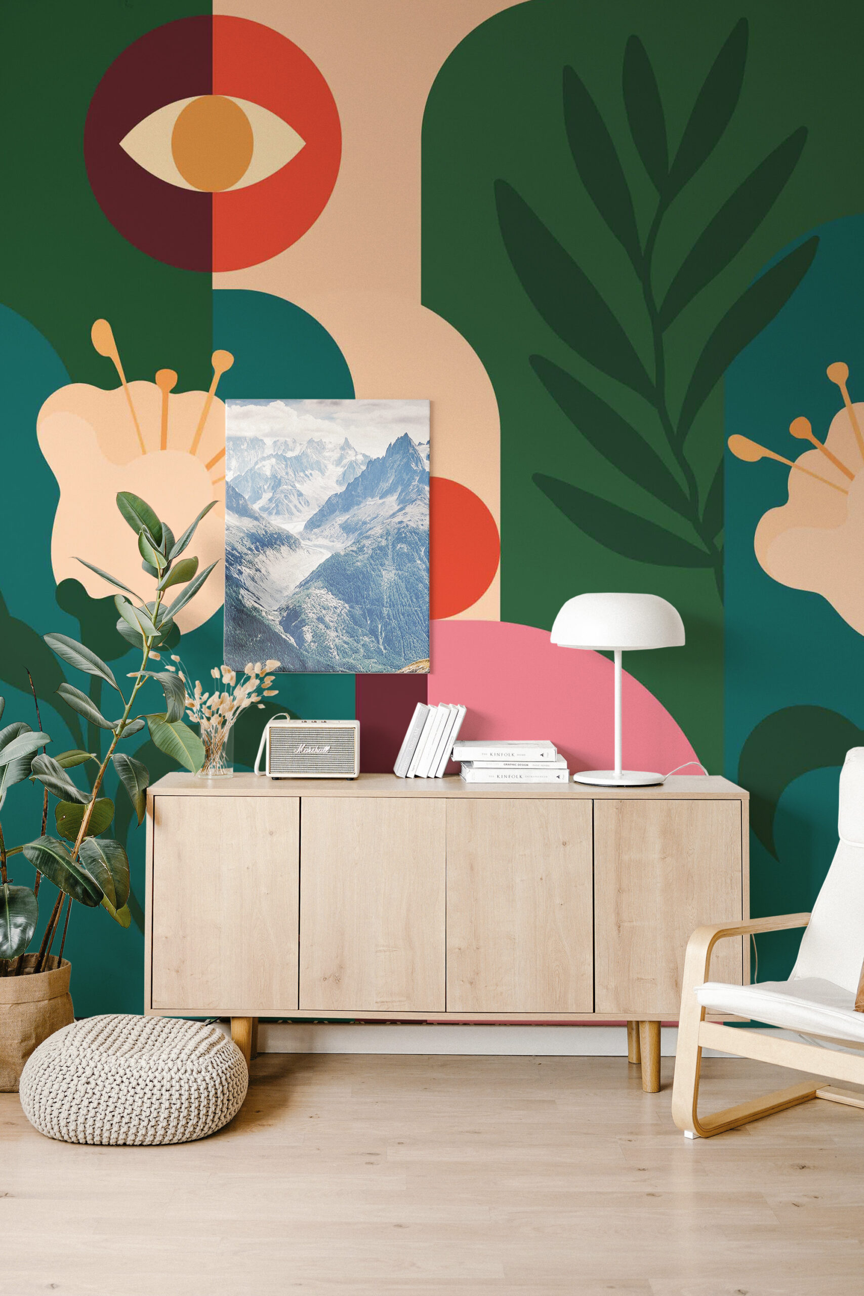 This Retro Floral Garden removable wall mural spans the wall with bold graphic flowers, curved shapes, and leafy branches in green and coral.