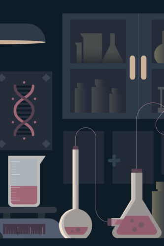 Moody Science Lab pre-pasted wall mural with stylized lab shelves, beakers, and a DNA diagram in dark blue tones.