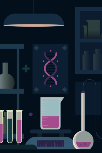 Moody Science Lab custom wall mural with a dark lab scene of shelves, flasks, test tubes, and a DNA diagram.