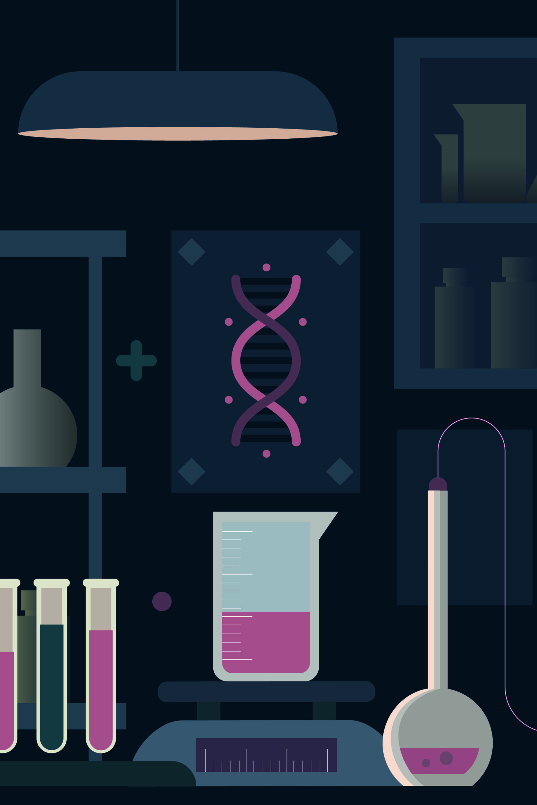 Moody Science Lab custom wall mural with a dark lab scene of shelves, flasks, test tubes, and a DNA diagram.