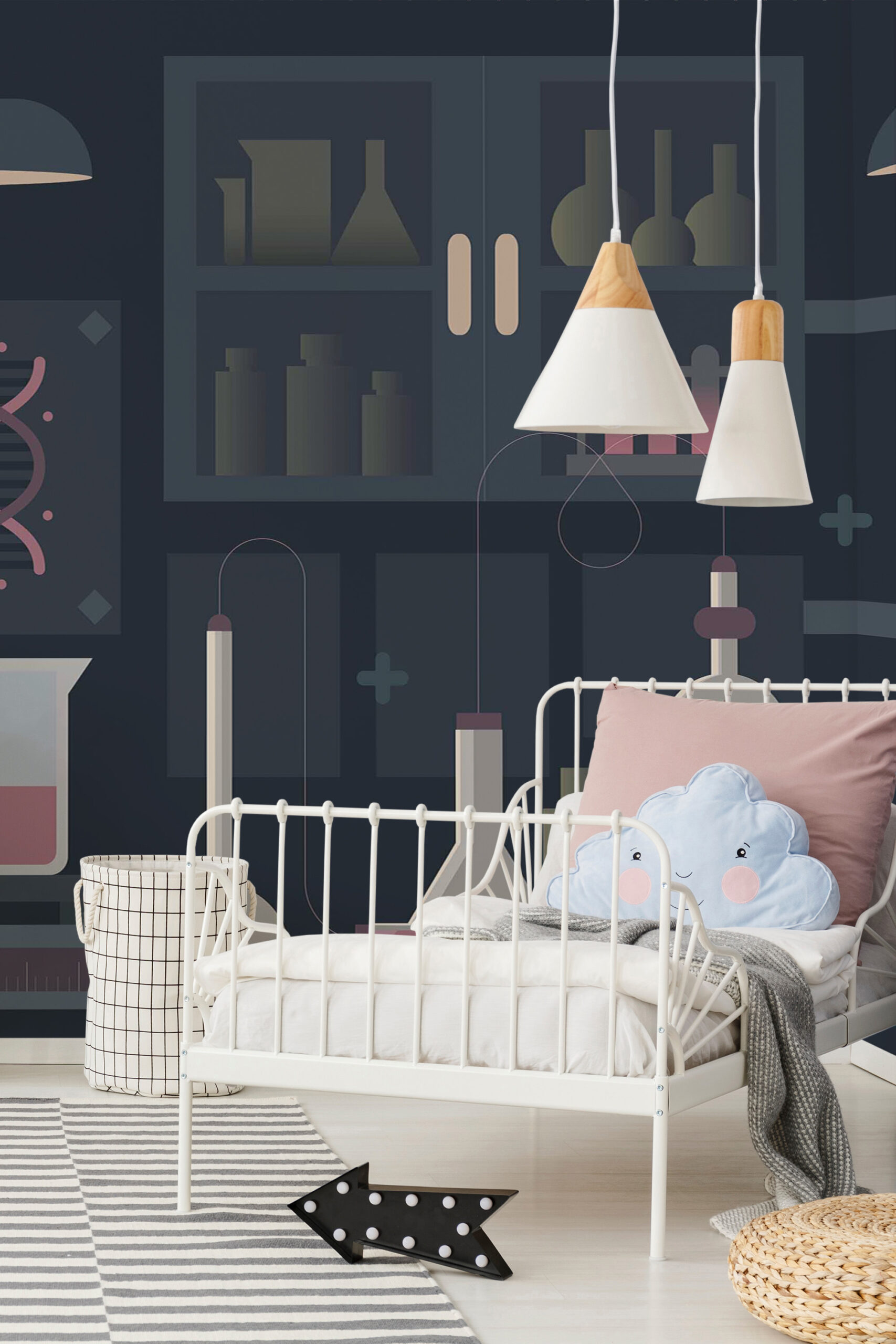 Moody Science Lab self-adhesive wall mural with dark lab cabinets, bottles, and test tubes behind a white metal child’s bed.