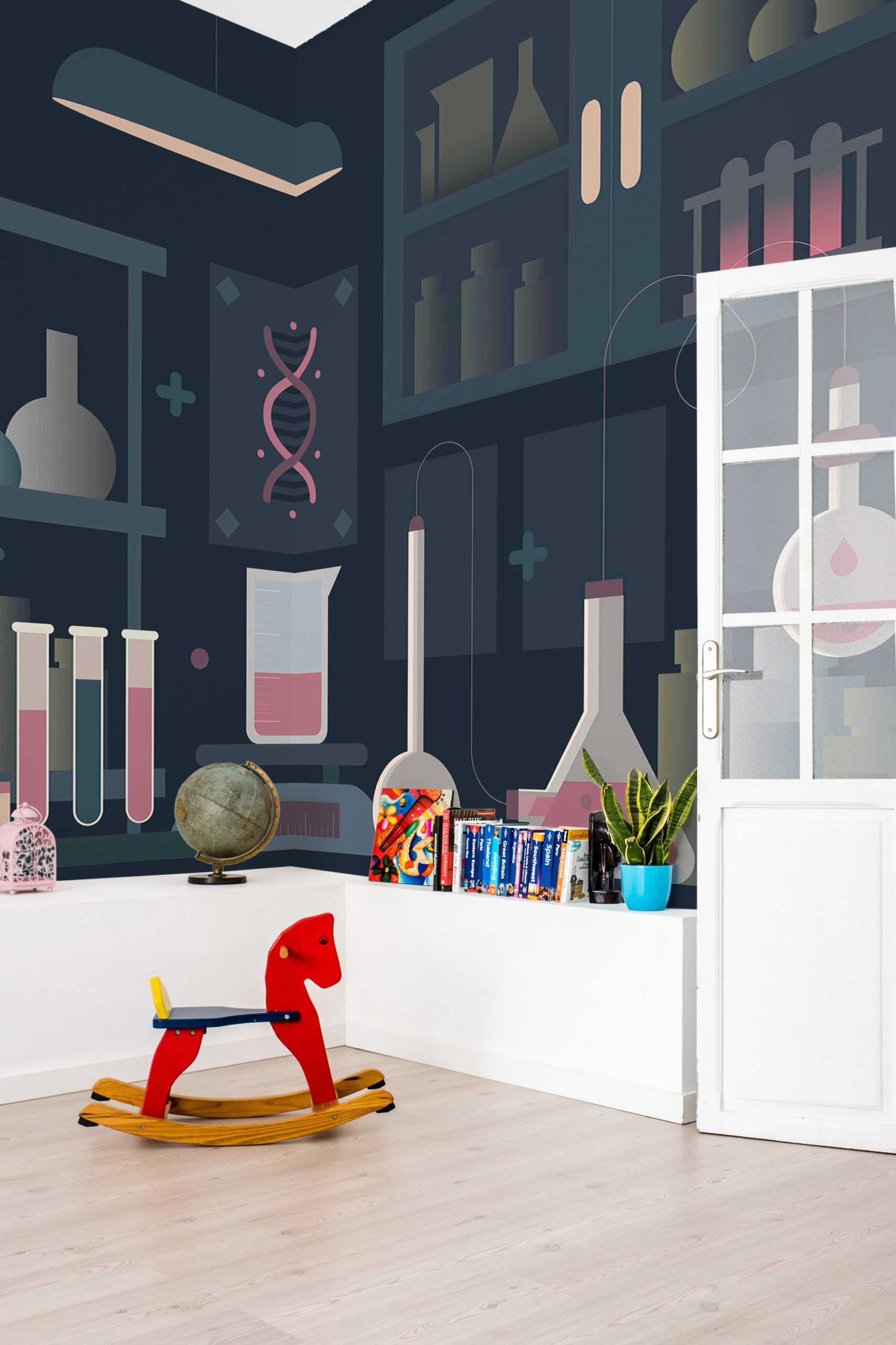 Moody Science Lab non-pasted wall mural covering the corner wall with illustrated shelves, test tubes, and lab glassware in a kids' room.