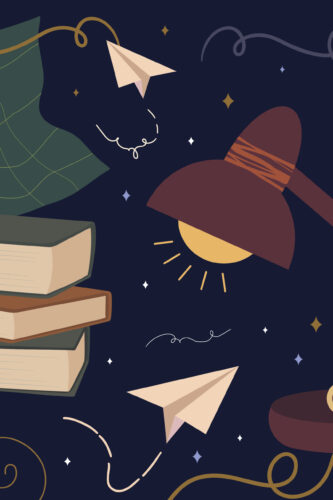 Whimsical Study Desk pre-pasted wall mural with paper airplanes, stacked books, and a desk lamp floating on a dark starry background.