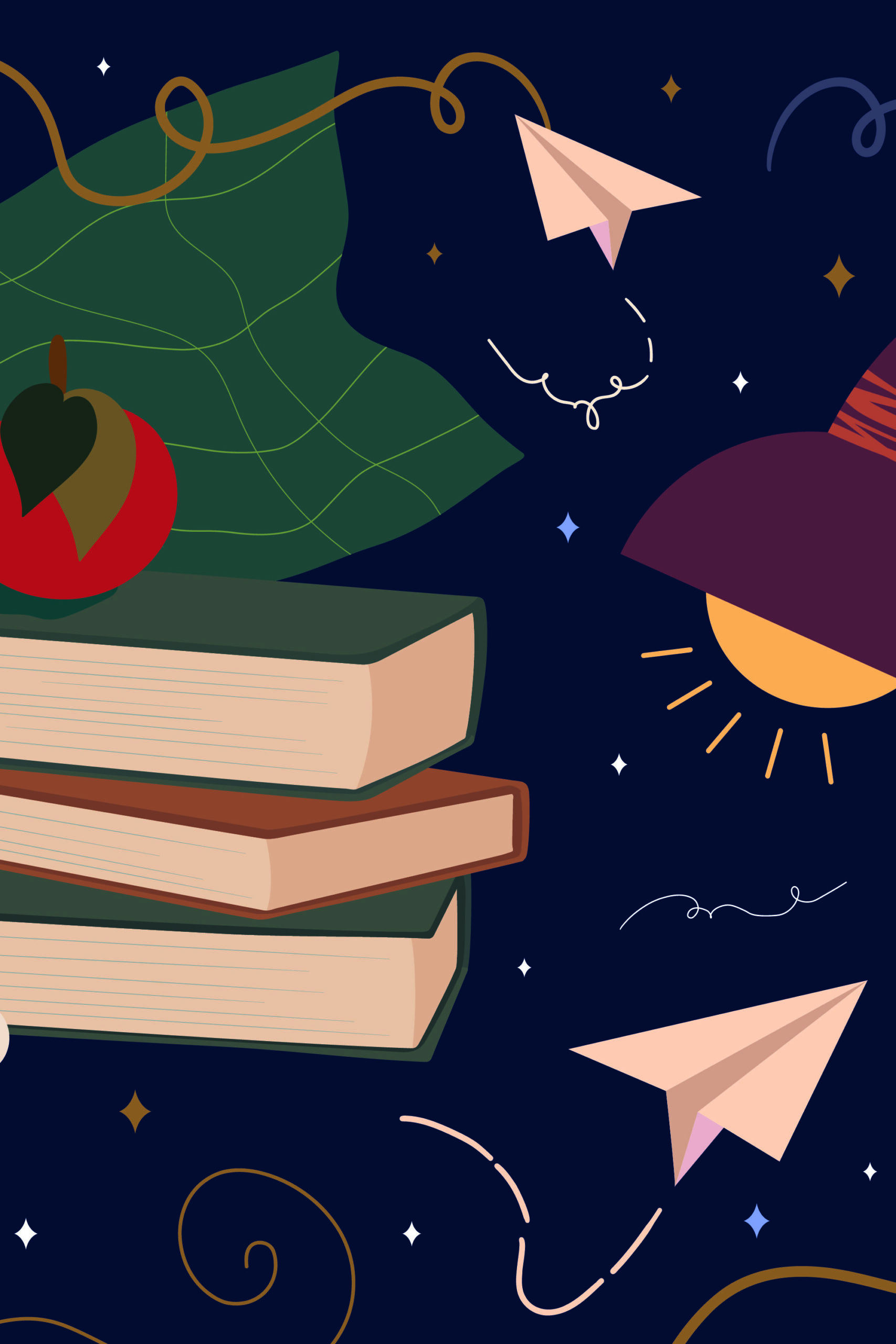 Whimsical Study Desk shows a pre-pasted wallpaper mural with stacked books, an apple, paper airplanes, and a glowing lamp on a starry navy background.