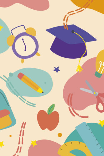Playful School Supplies pre-pasted wallpaper mural with oversized pencil, alarm clock, graduation cap, scissors, and apple on a cream background.