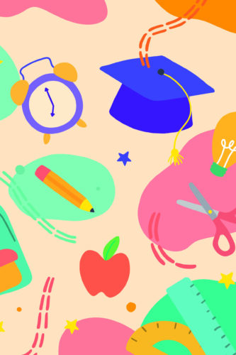 Playful School Supplies pre-pasted wallpaper mural with bright illustrations of a pencil, scissors, an apple, a clock, a ruler, and a graduation cap on a beige background.