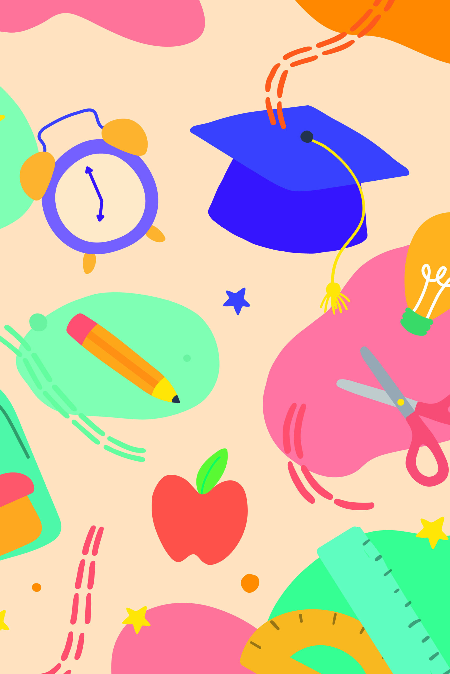 Playful School Supplies pre-pasted wallpaper mural with bright illustrations of a pencil, scissors, an apple, a clock, a ruler, and a graduation cap on a beige background.
