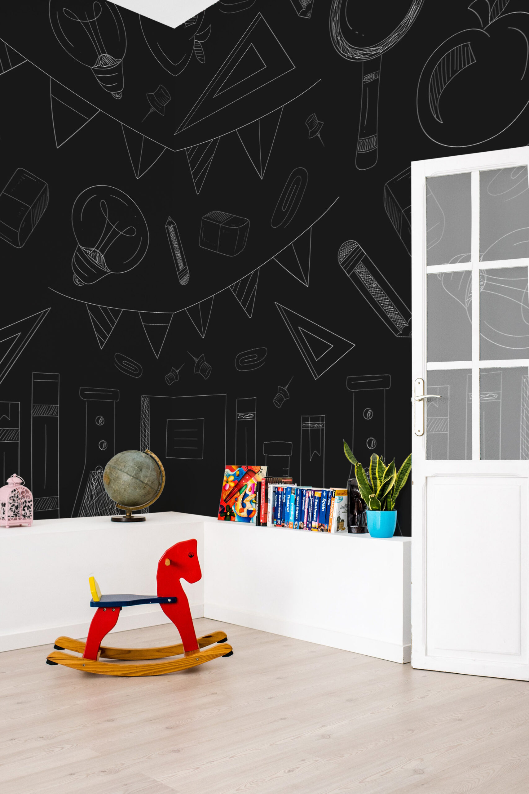 Chalkboard School Doodles non-pasted wall mural spans a full wall with white chalk-style school icons in a kids' room corner.