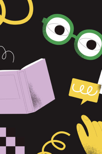 Study Doodles shows a custom wall mural with quirky study icons like glasses, an open book, and sticky notes on a black background.