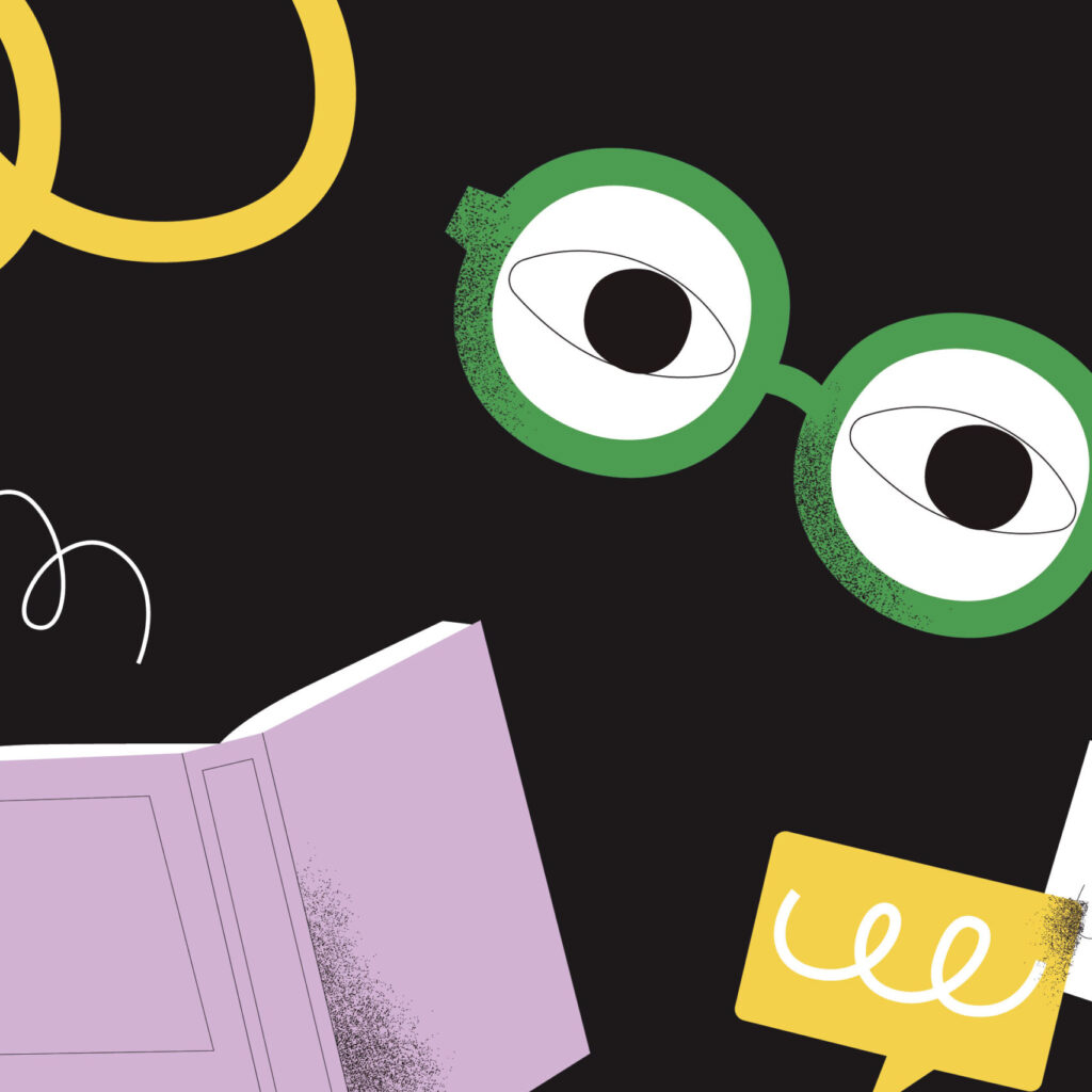 Wall mural of eyes and books