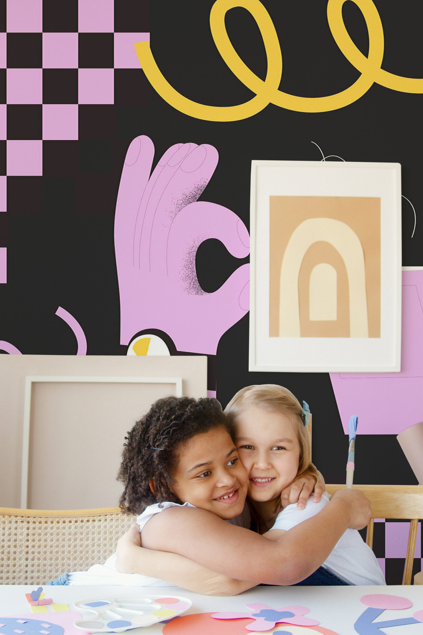 Study Doodles pre-pasted wall mural with playful purple doodles, checkerboard accents, and a large yellow looping line on a black backdrop.