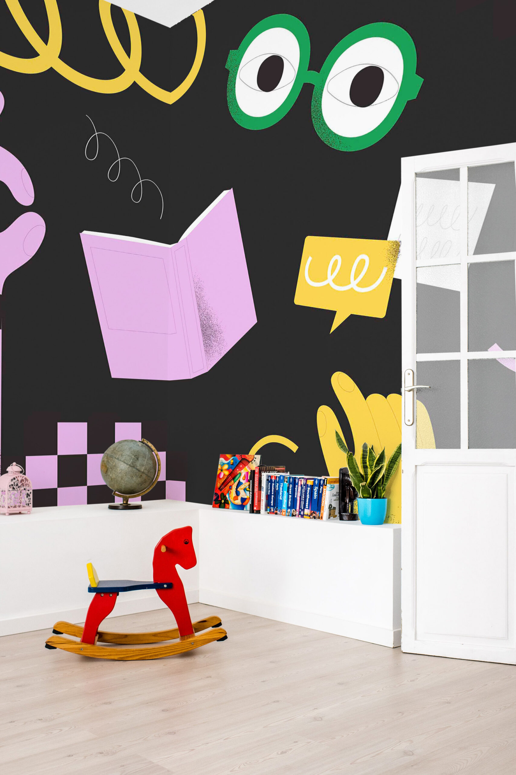 Study Doodles self-adhesive wall mural on a dark accent wall, featuring playful illustrations of glasses, a book, hands, and a speech bubble.