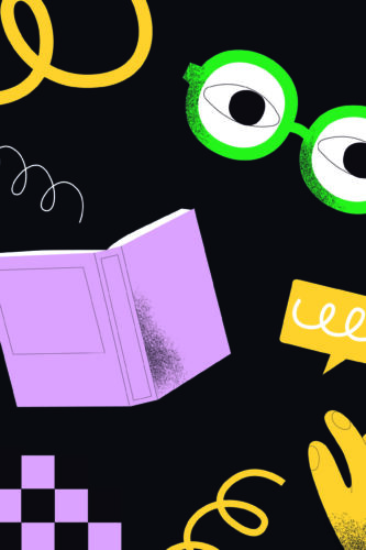 Study Doodles peel and stick wall mural with bold black background, doodled glasses, purple book, and yellow speech bubble accents.