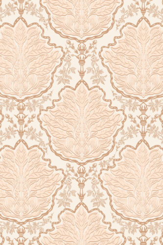 Vintage Ivory Leaf Damask in removable wallpaper with large leaf medallions and fine vine accents in warm beige.