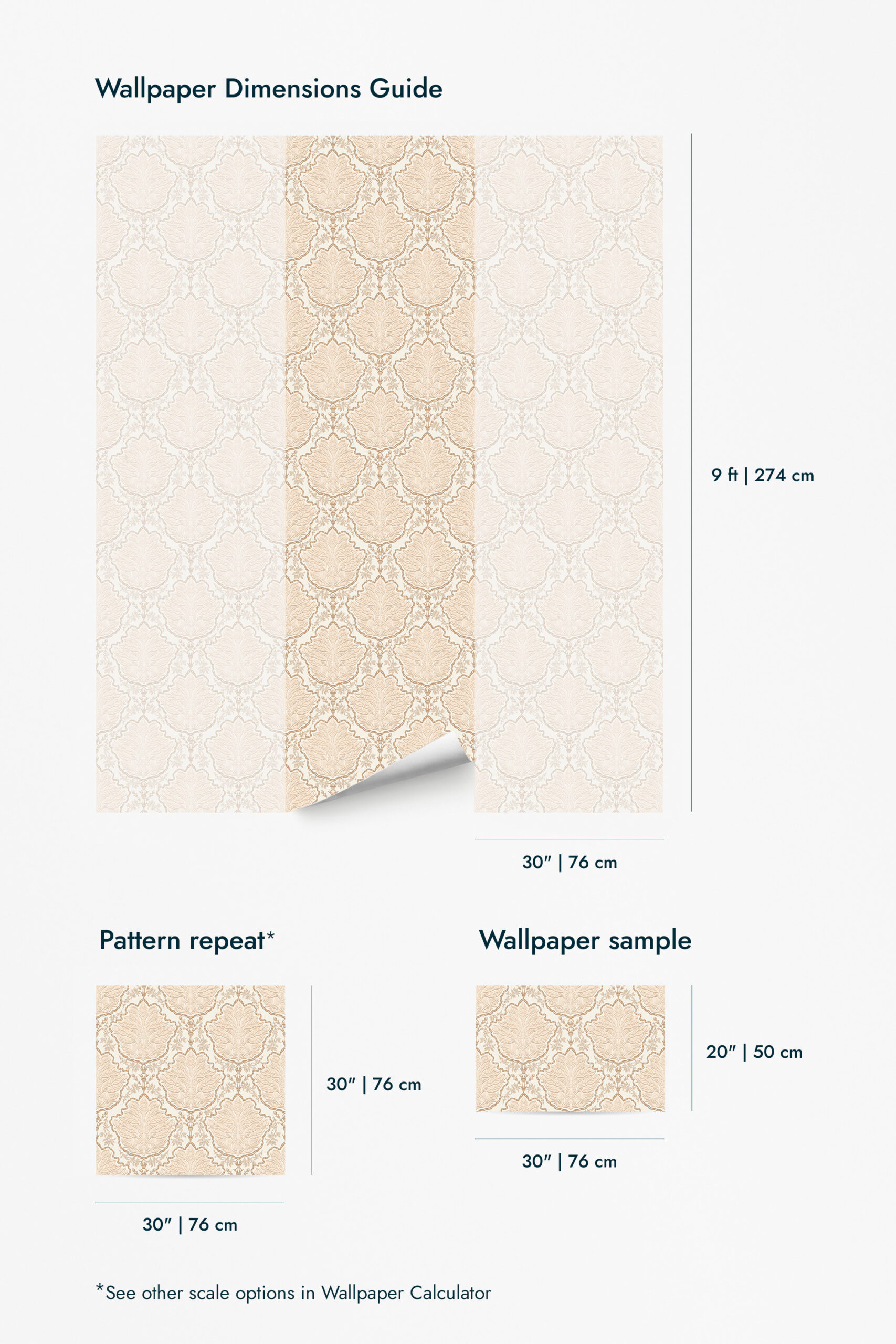 Vintage Ivory Leaf Damask shows wallpaper for walls in a dimensions guide with a 9 ft by 30 in panel and sample scale.