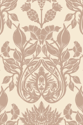 Vintage Cream Damask removable wallpaper with a mirrored floral pattern in warm beige on a soft cream background.