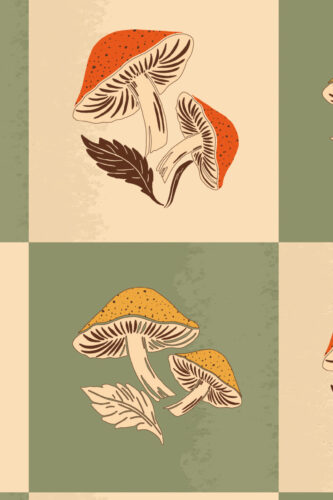 Whimsical Beige Sage Mushroom removable wallpaper with illustrated orange and mustard mushrooms over soft sage and beige blocks.