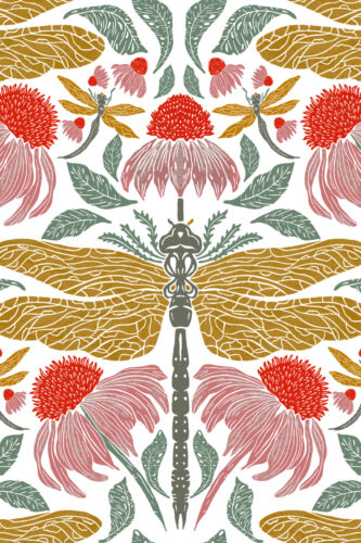 Fine White Dragonfly Floral removable wallpaper with large dragonflies, pink blooms, and green leaves on a white background.