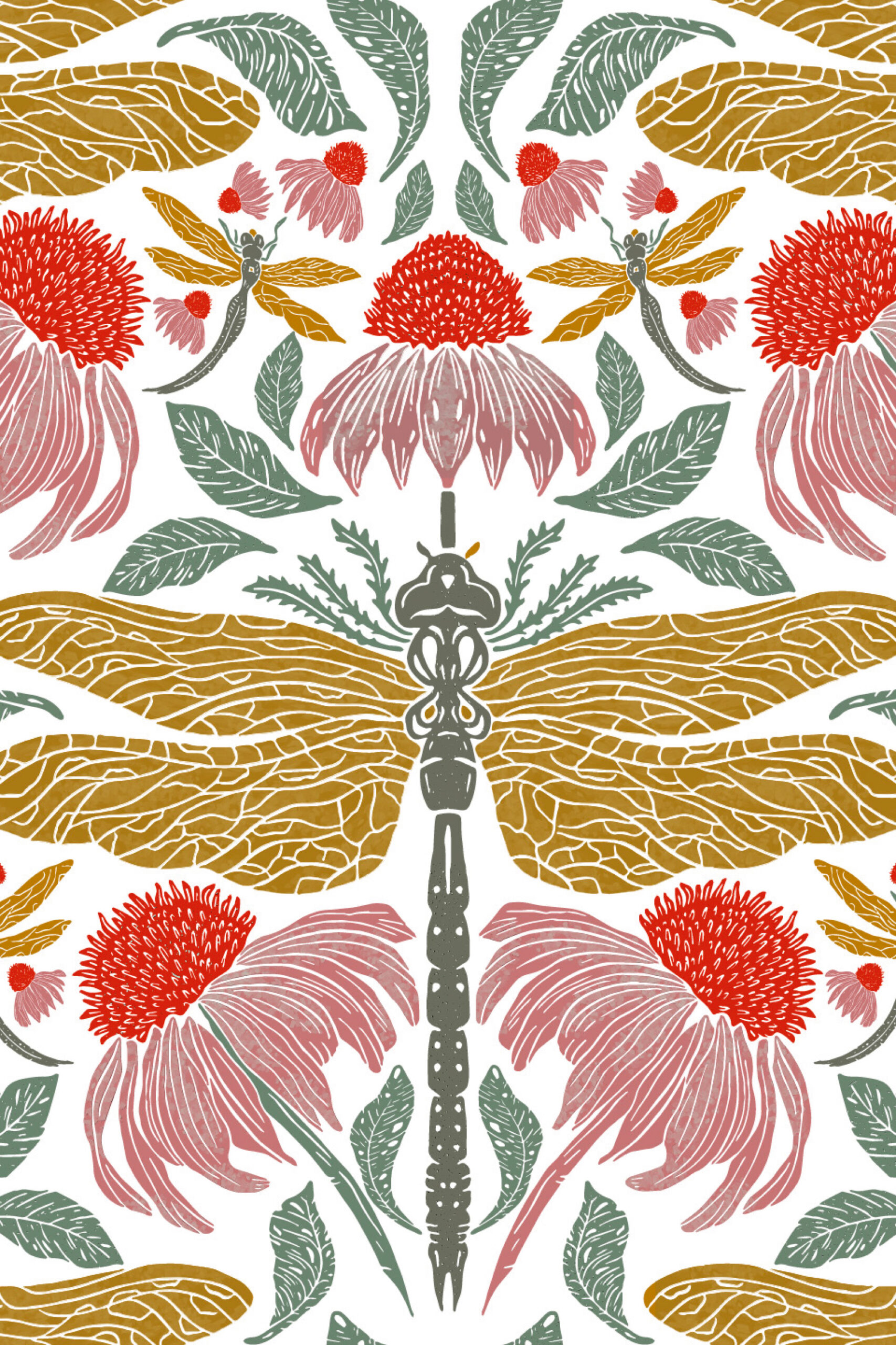 Fine White Dragonfly Floral removable wallpaper with large dragonflies, pink blooms, and green leaves on a white background.