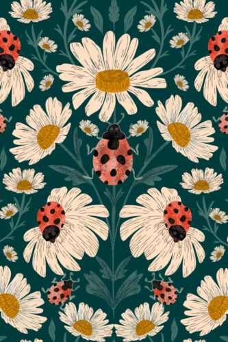 Whimsical Teal Ladybug Floral shows removable wallpaper with white daisies, leafy stems, and red ladybugs on a deep teal ground.