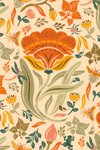 Bold Beige Floral removable wallpaper with a large orange flower, scattered leaves, and small insects on a warm beige ground.