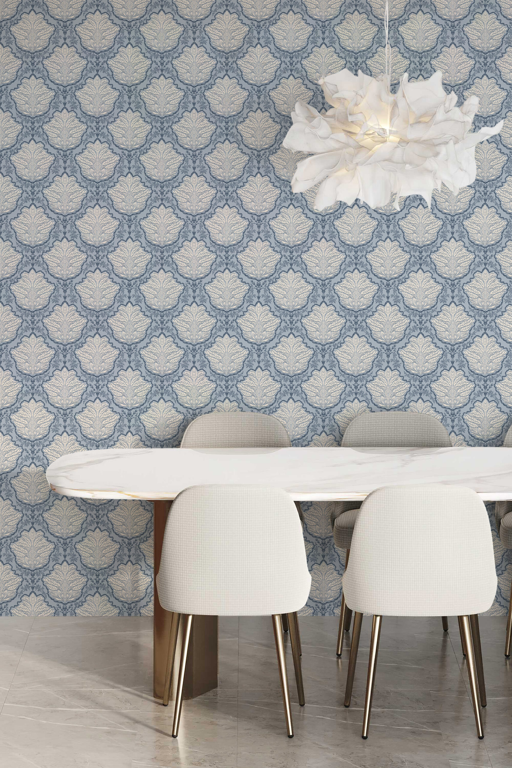 Vintage Blue Leaf Damask self-adhesive wallpaper covers the dining room wall with a repeating leaf medallion pattern.